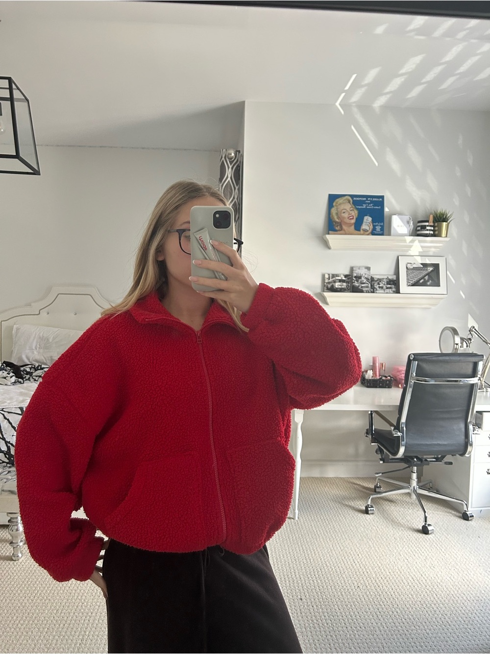 Red Sherpa Zip-Up Jacket - Women's Cozy Fleece Coat